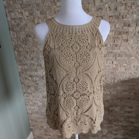 Adiva Tops - Boho Coastal Tan Beige Crochet Lace Medallion Sleeveless Tank Top Blouse XS